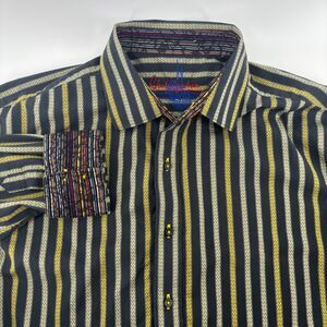 Robert Graham Button Down Shirt Black Gold Mens XL Striped Contrast Cuff LS